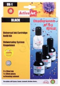 ActiveJet UK-1  tusz czarny, uniwersalny system uzupełnień 3x30 ml + płyn do czyszczenia głowicy 1x3